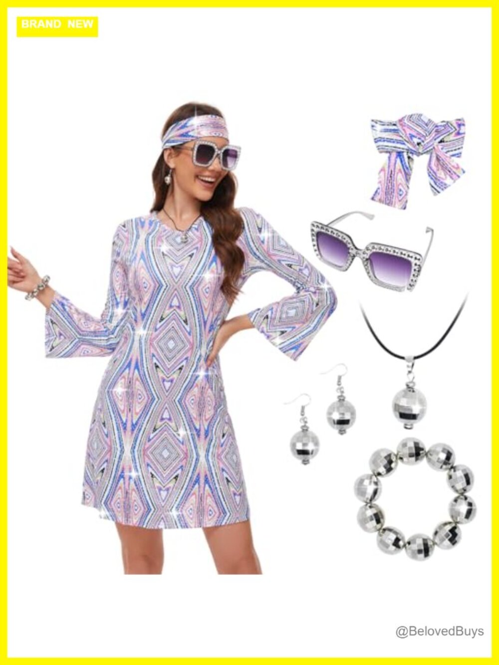 70s Disco Dress Hippie Costume 7pc Set w/ Jewelry Glasses